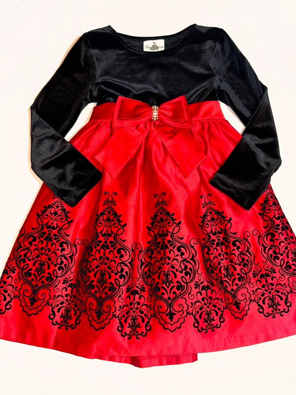 Rare Editions Red Black Velvet BEADED BOW Girls Dress Sz 6 Holiday Damask #755